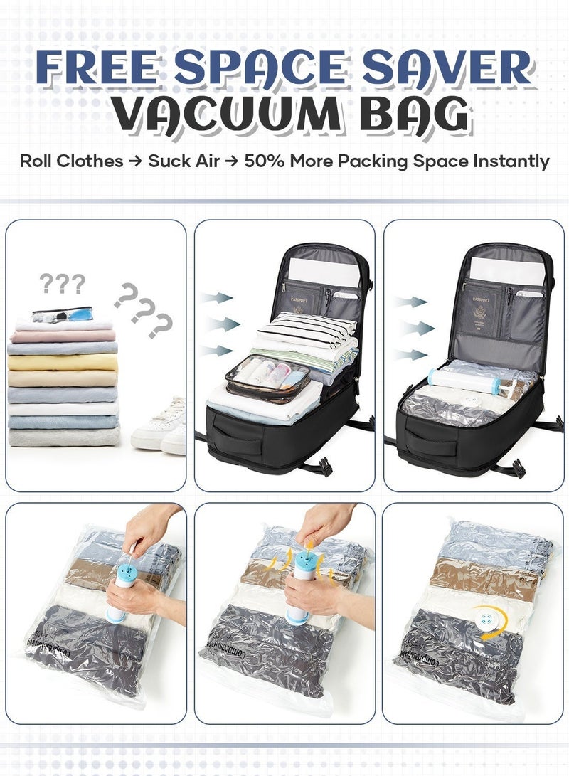 شنطة ظهر للسفر مع أكياس ضغط ومضخة هواء، شنطة ظهر لابتوب 15.6 بوصة مع جيب أحذية ومخرج USB، مقاومة للماء وجيب رطب، شنطة عمل لزيادة سعة الملابس، أسود - Image 3